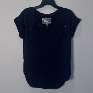 CUPio Navy Blue Short‎ Sleeve Henley Pocket Shirt Top Womens XS